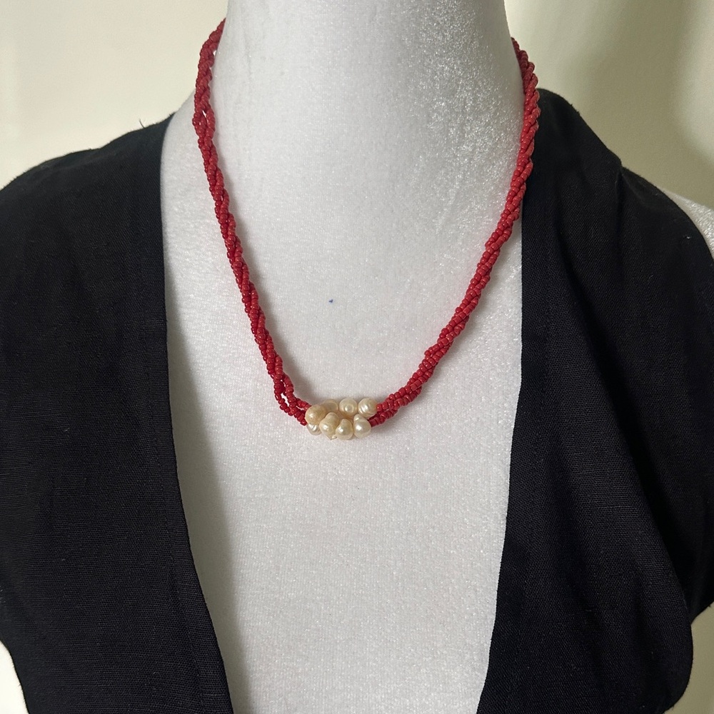Coral Beaded Braided Necklace with Pearl Accent
